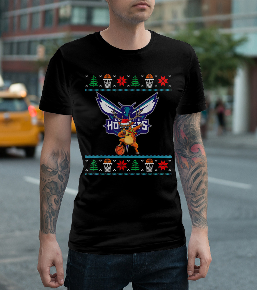 Charlotte Hornets Dabbing Reindeer Ugly Christmas Basketball T-Shirt
