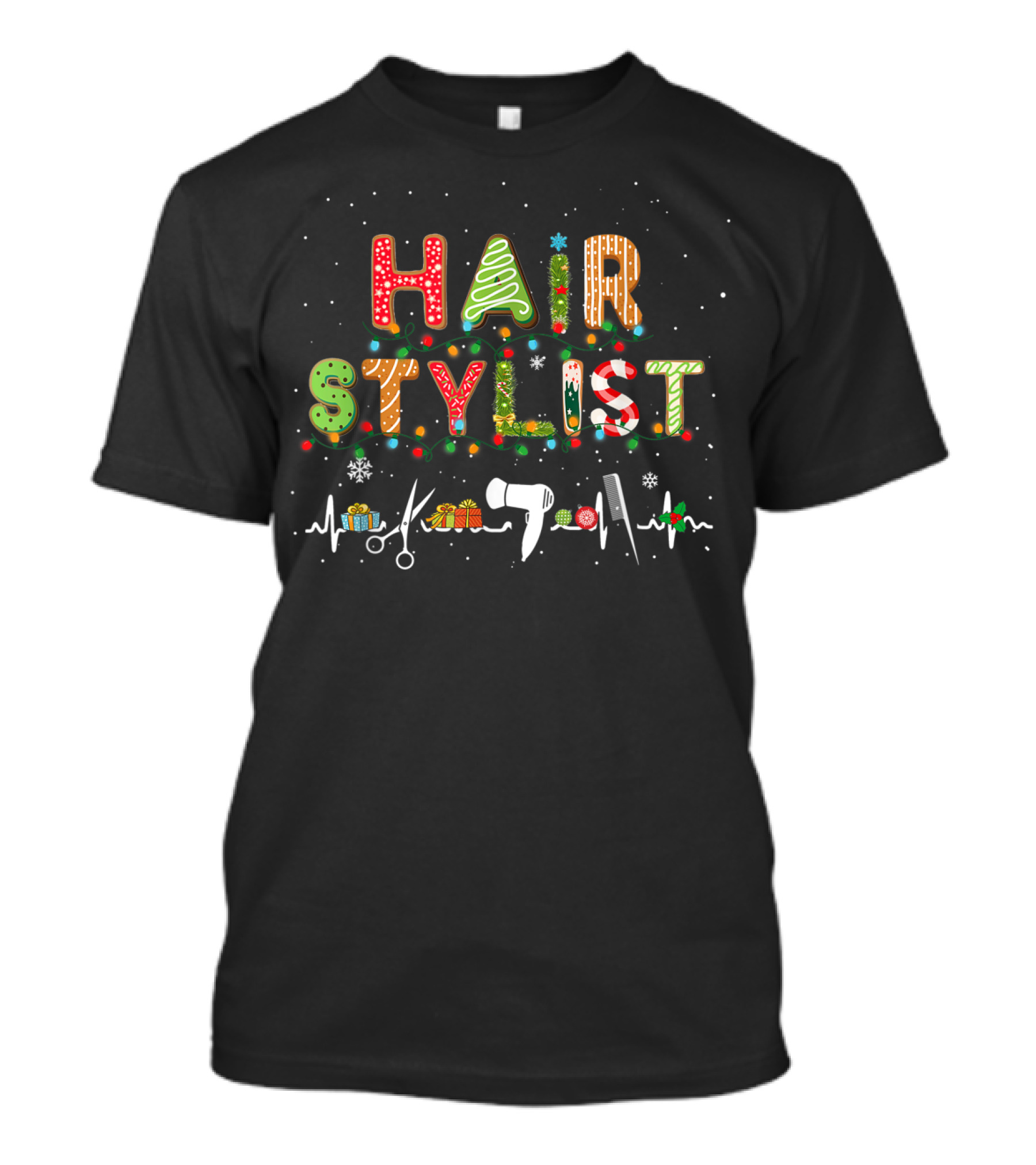 HAIR STYLIST Christmas Heartbeat Scissors Hairdryer Lights T-Shirt