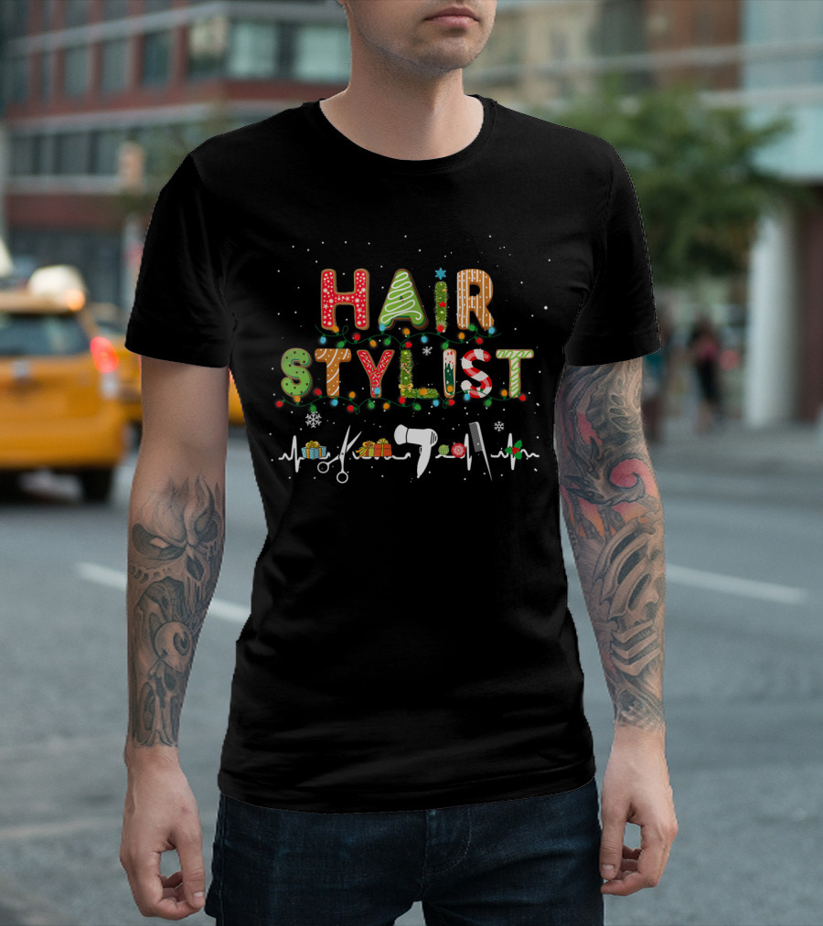 HAIR STYLIST Christmas Heartbeat Scissors Hairdryer Lights T-Shirt