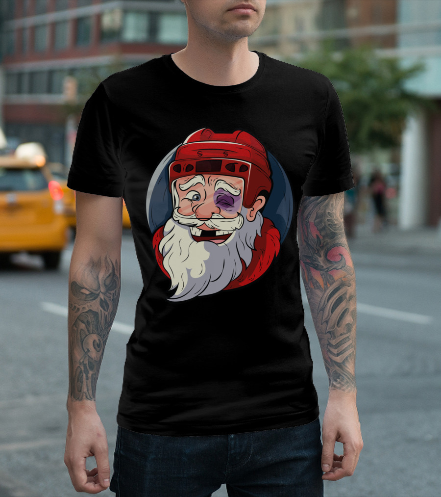 Ice Hockey Santa Claus in Goalie Helmet with Black Eye T-Shirt