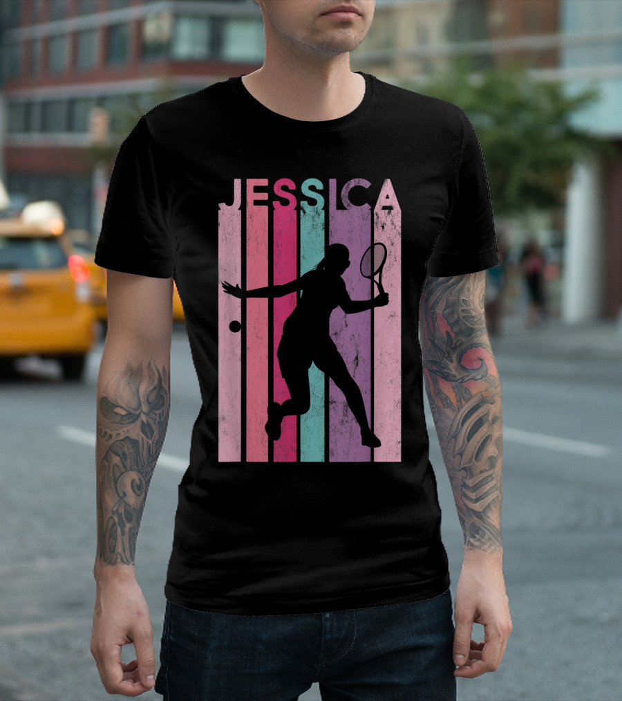 Jessica Tennis Retro Silhouette Pastel Stripes T-Shirt