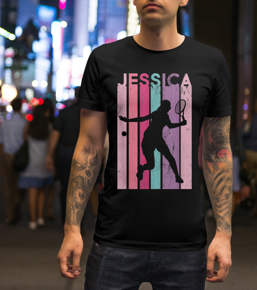 Jessica Tennis Retro Silhouette Pastel Stripes T-Shirt