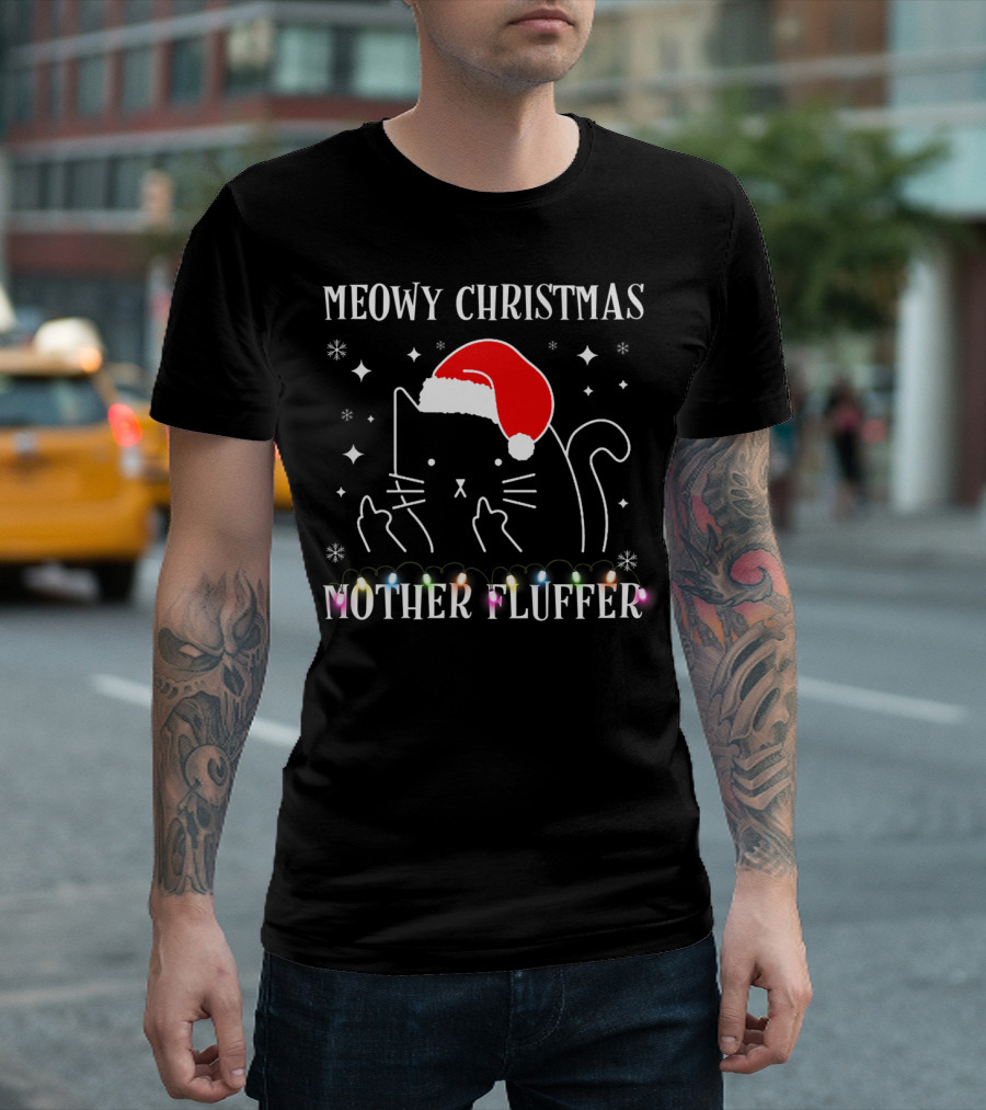 Meowy Christmas Mother Fluffer Funny Cat Santa Hat Lights T-Shirt