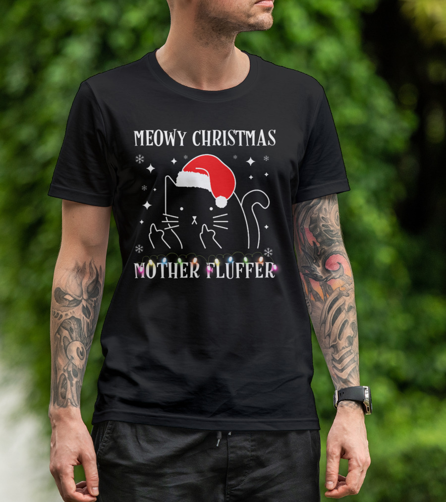 Meowy Christmas Mother Fluffer Funny Cat Santa Hat Lights T-Shirt