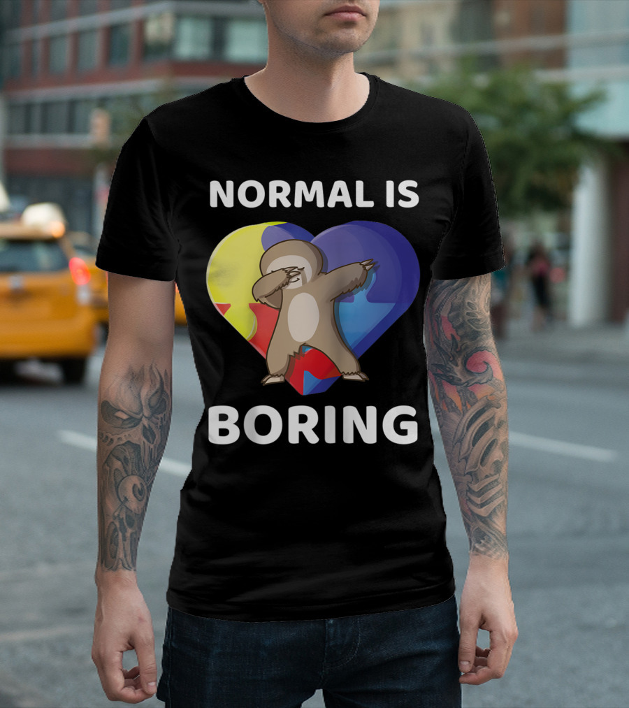 NORMAL IS BORING Autism Awareness Dab Sloth Heart Puzzle T-Shirt