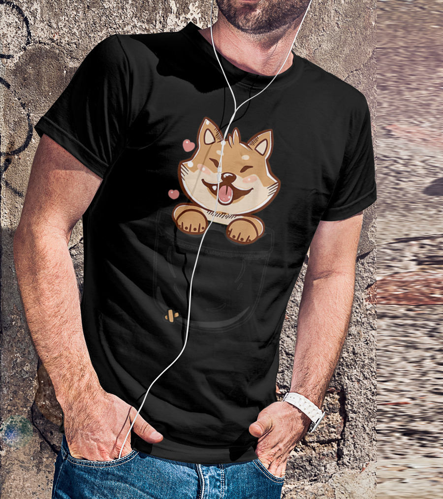 Pocket Cute Shiba Inu Puppy Dog With Hearts And Happy Expression T-Shirt