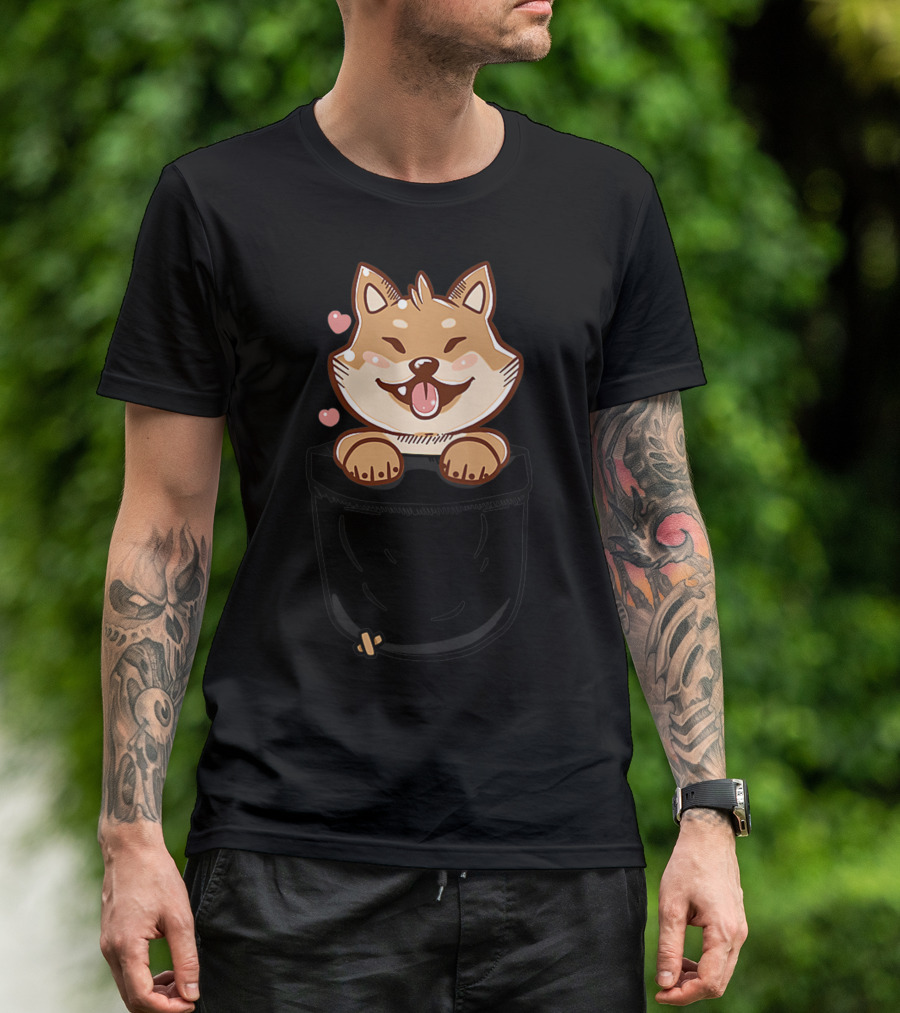 Pocket Cute Shiba Inu Puppy Dog With Hearts And Happy Expression T-Shirt
