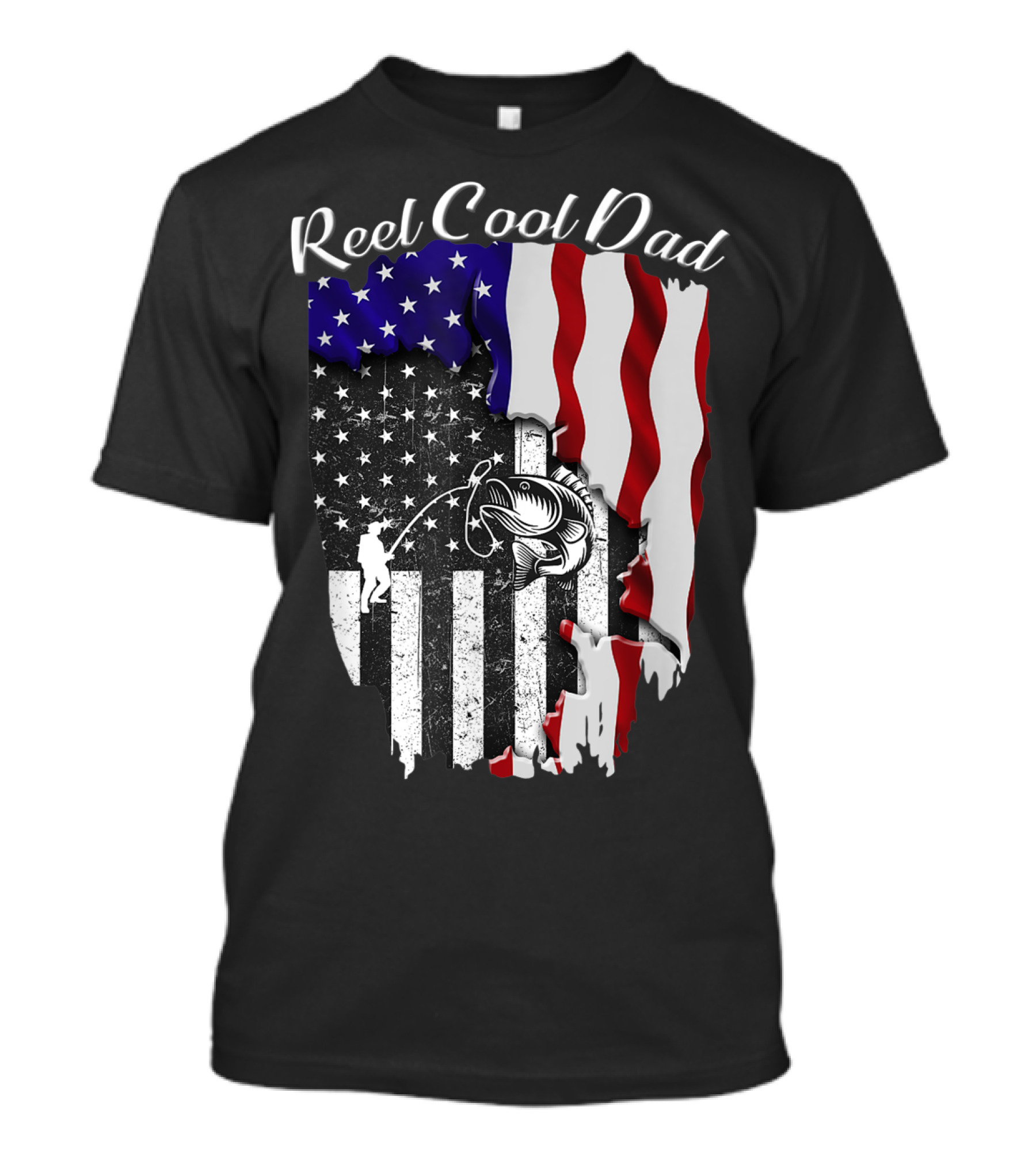 Reel Cool Dad Fishing USA Flag Bass Catch T-Shirt