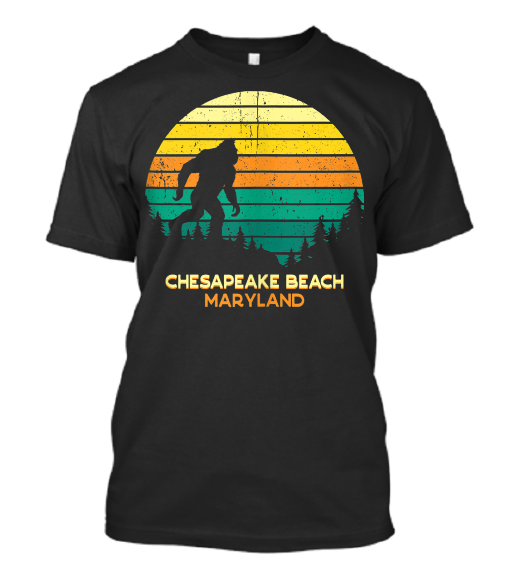 Chesapeake Beach Maryland Retro Bigfoot Sunset Scene T-Shirt