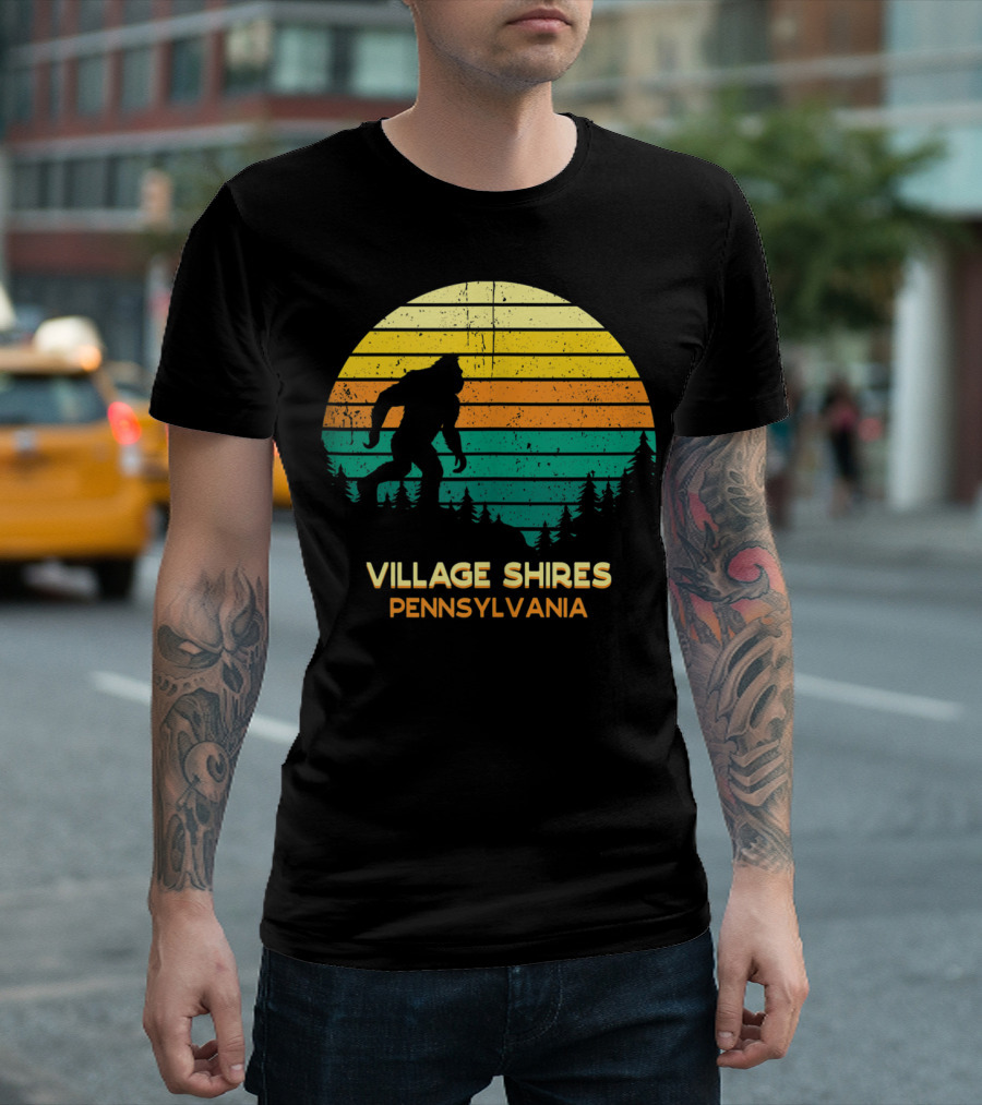 Village Shires Pennsylvania Retro Bigfoot Sunset Scene T-Shirt