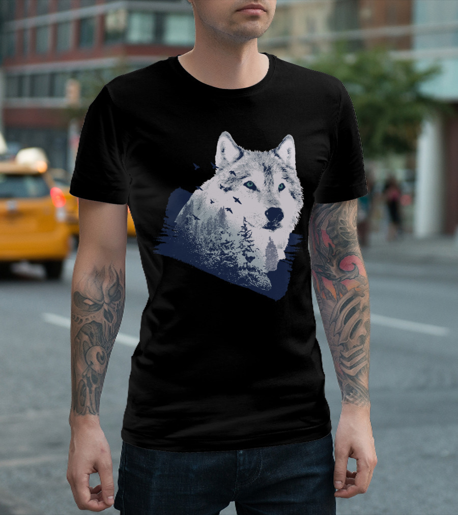 Lone Wolf with Snowy Mountains and Flying Birds T-Shirt
