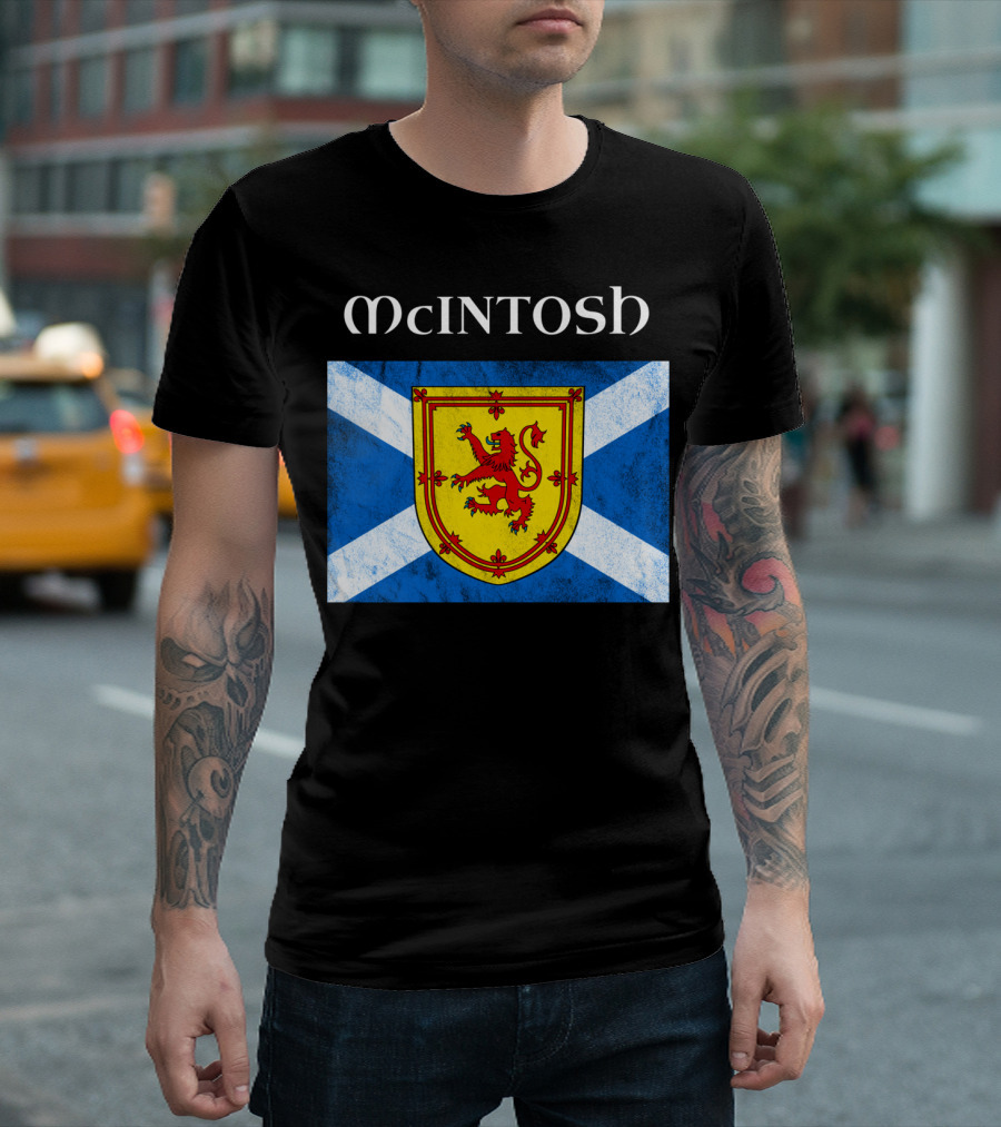Mcintosh Clan Name with Scotland Flag and Lion Rampant Emblem T-Shirt