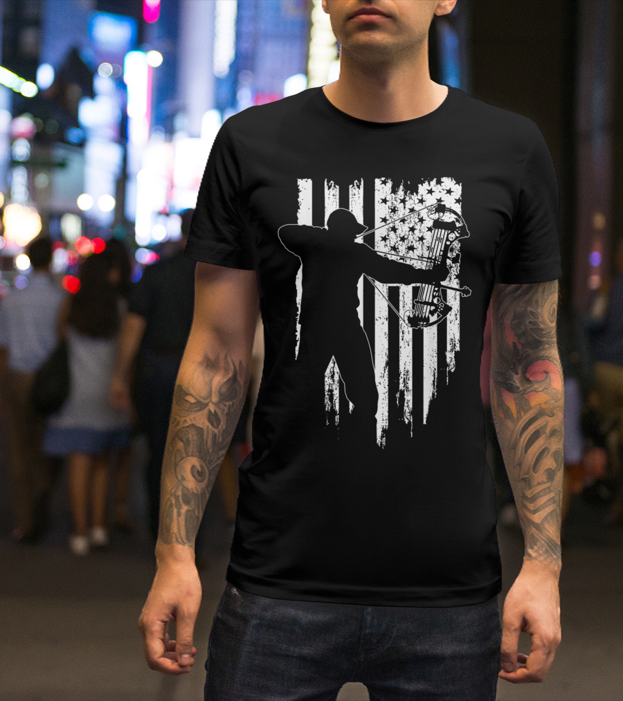 American Patriotic Archer Silhouette With Compound Bow And Flag T-Shirt