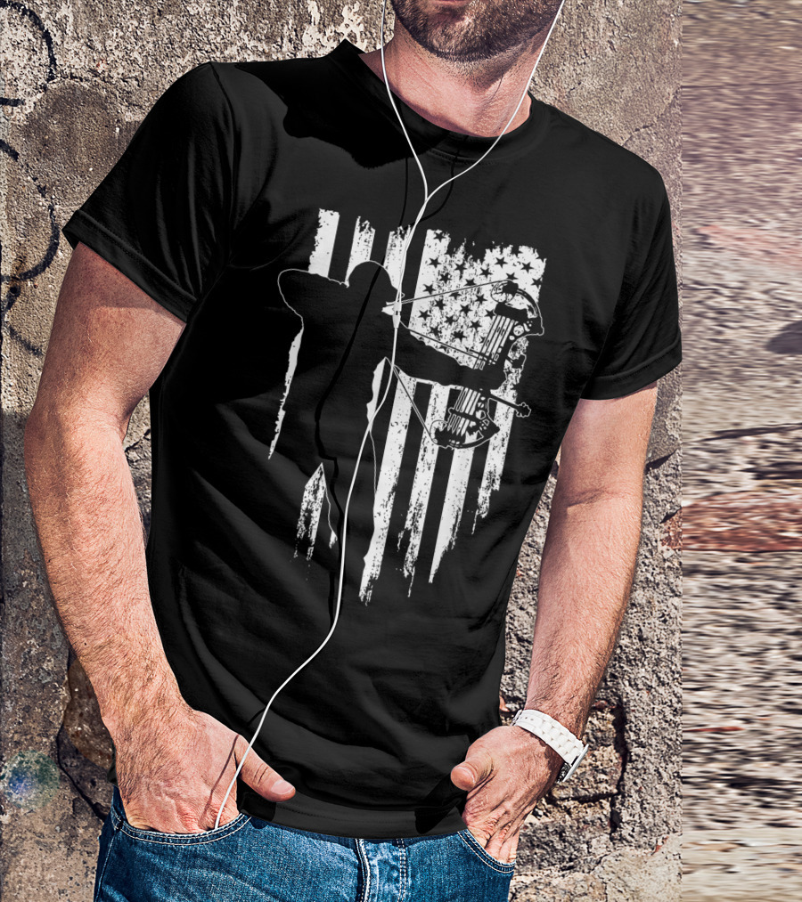 American Patriotic Archer Silhouette With Compound Bow And Flag T-Shirt