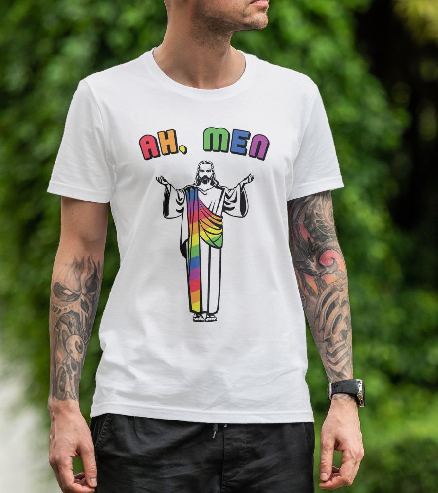 Ah Men Funny Gay Jesus Rainbow Pride T-Shirt