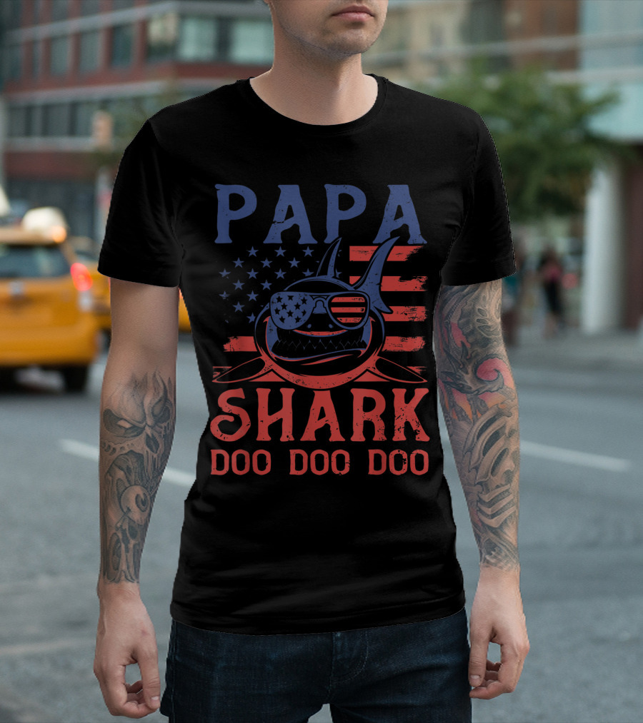 Papa Shark Doo Doo Doo American Flag Sunglasses T-Shirt