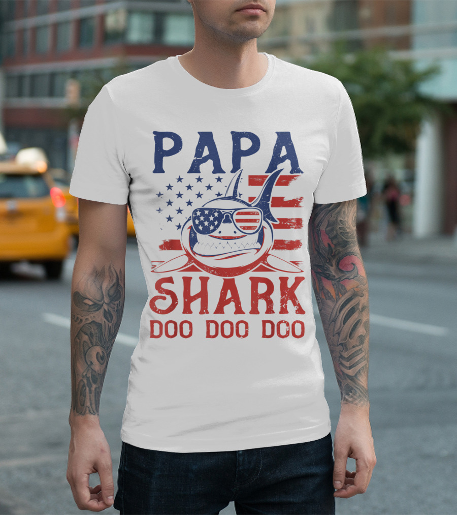 Papa Shark Doo Doo Doo American Flag Sunglasses T-Shirt