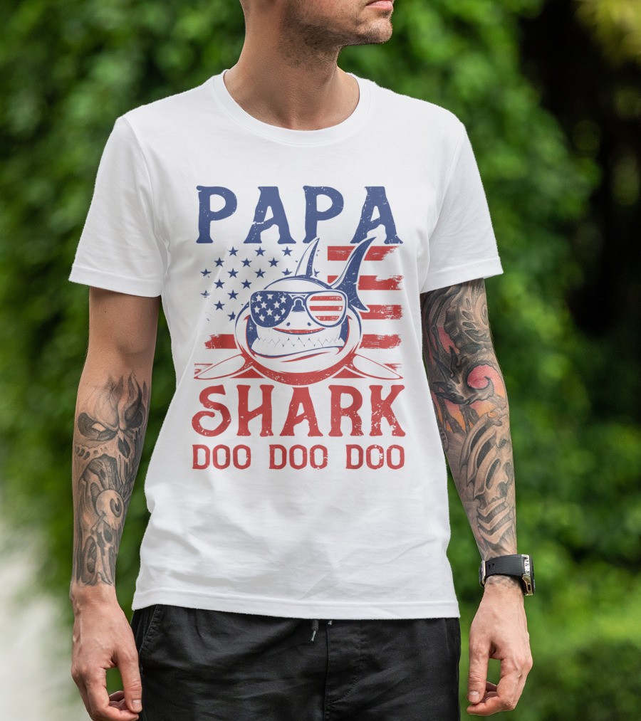 Papa Shark Doo Doo Doo American Flag Sunglasses T-Shirt