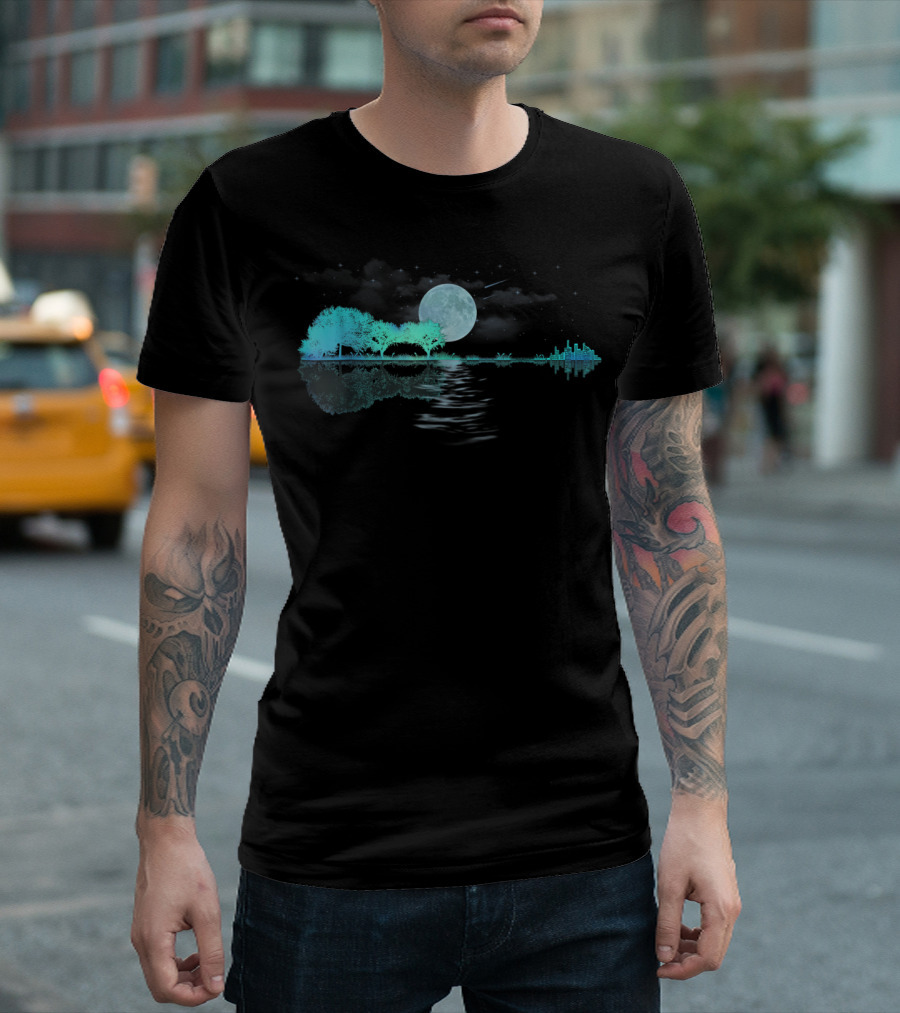 Acoustic Guitar Player Birthday Moonlit Lake Scene T-Shirt