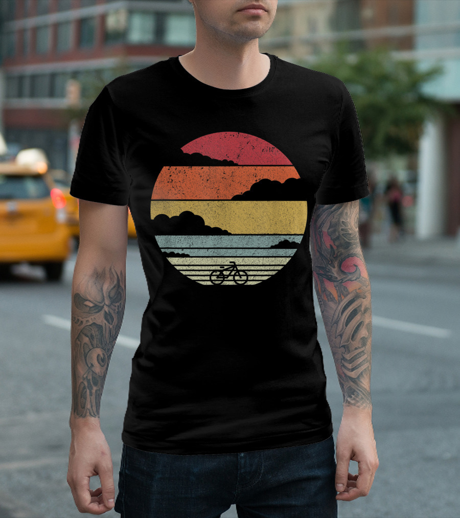 Retro Sunset Bicycle Ride with Stripes T-Shirt