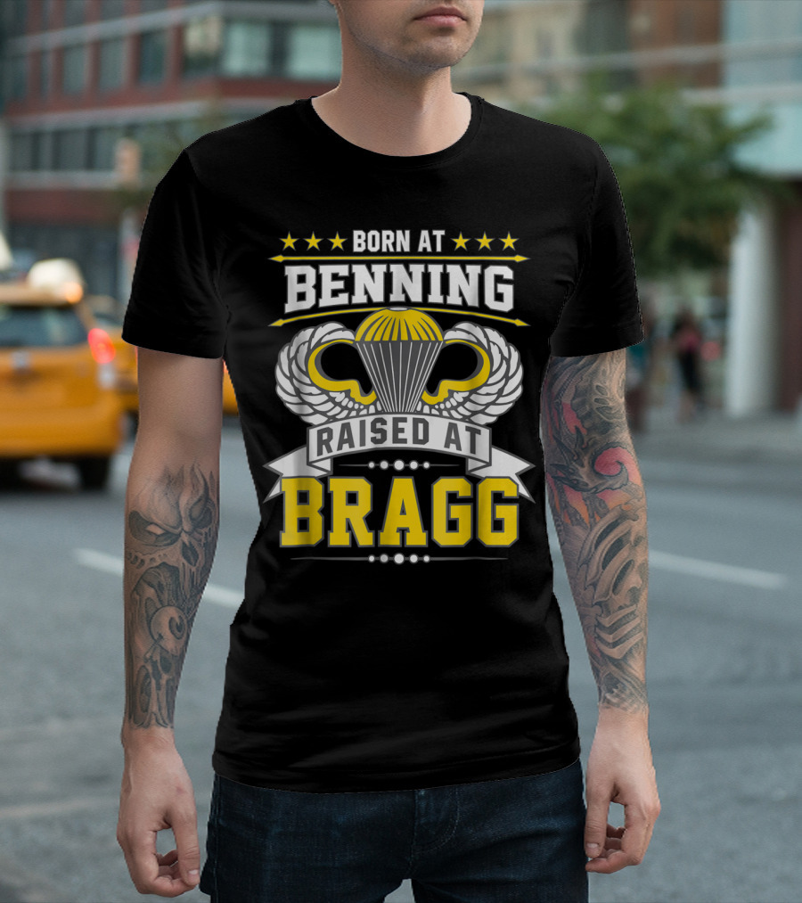 Born at Benning Raised at Bragg Airborne Paratrooper Wings T-Shirt