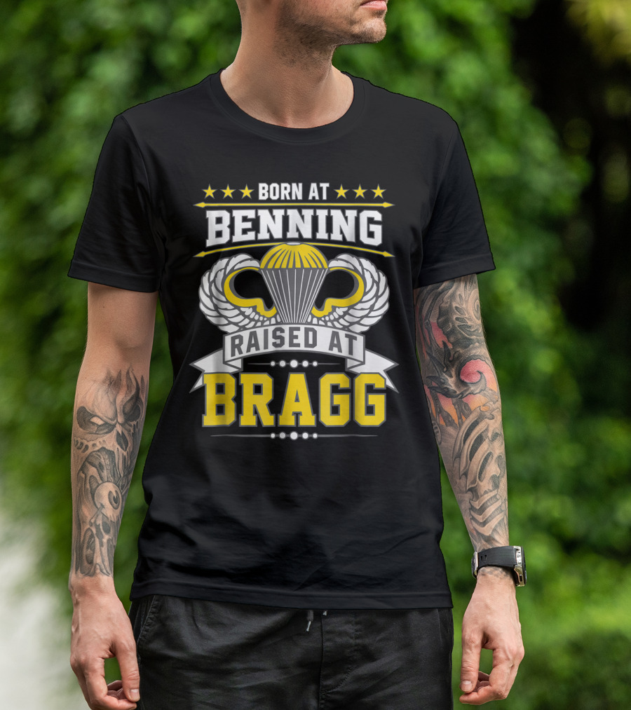 Born At Benning Raised At Bragg Airborne Paratrooper Wings T-Shirt