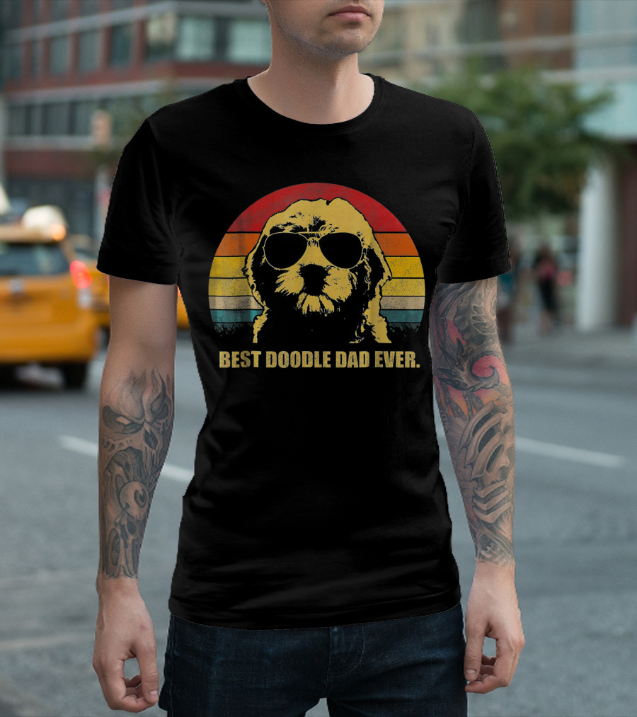 Retro Best Doodle Dad Ever Dog Wearing Sunglasses with Vintage Sunset Stripes T-Shirt