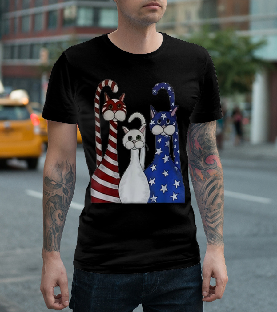 Cat American Flag USA Paws Patriotic Red White Blue Stars Stripes T-Shirt