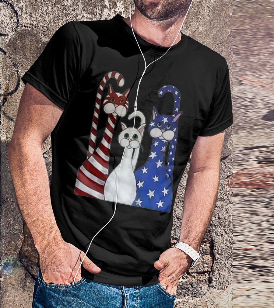 Cat American Flag USA Paws Patriotic Red White Blue Stars Stripes T-Shirt