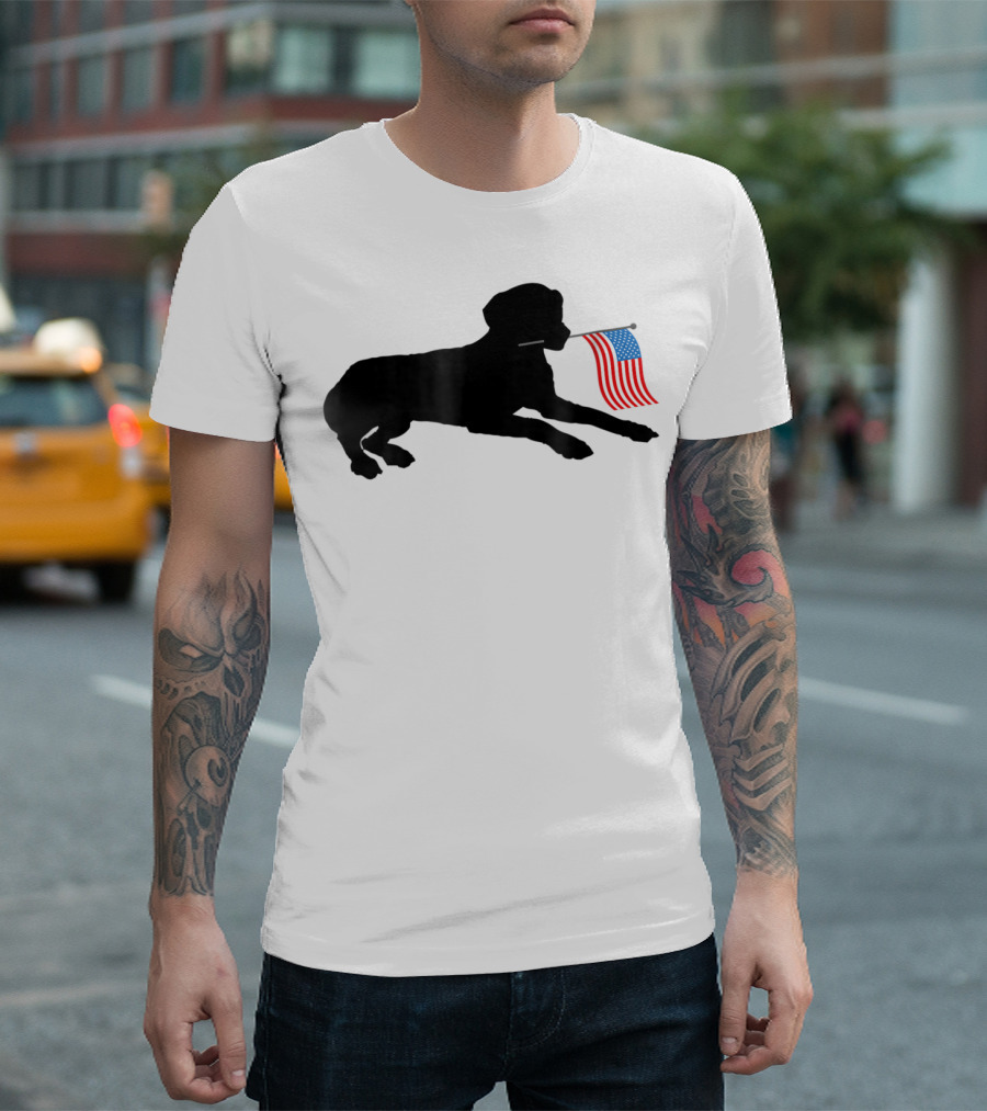 Black Lab Dog with USA Flag for July 4th T-Shirt