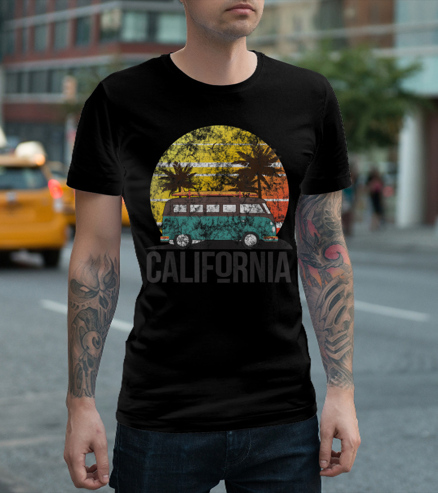California Vintage Surf Van with Sunset and Palm Trees T-Shirt