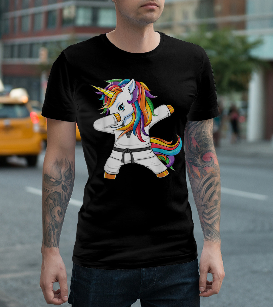 Dabbing Unicorn Karate Taekwondo Kids Girl Rainbow Martial Arts T-Shirt