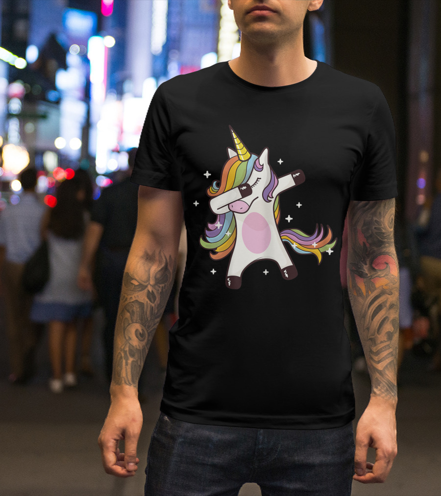 Dabbing Rainbow Unicorn With Stars T-Shirt