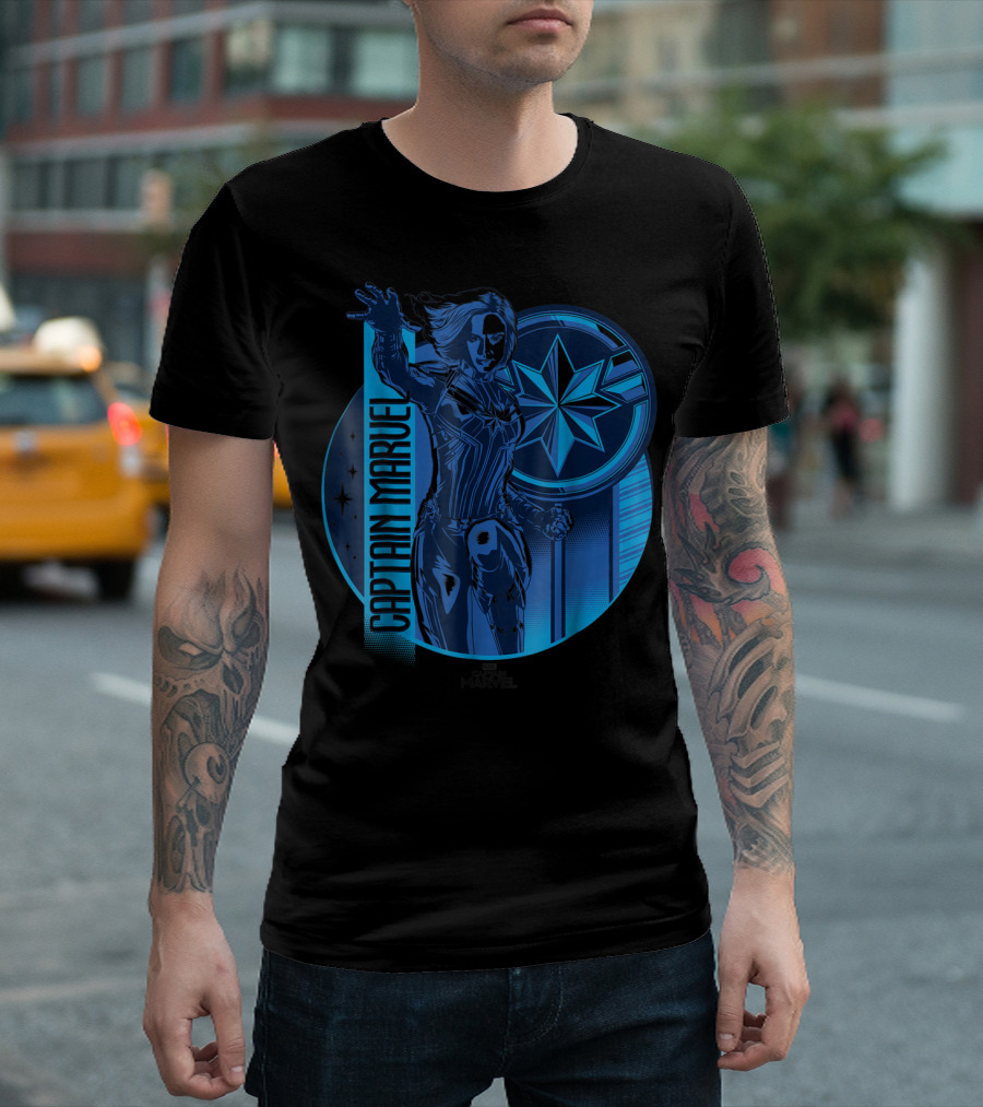 Captain Marvel Reflective Blue Circle Starburst Emblem T-Shirt
