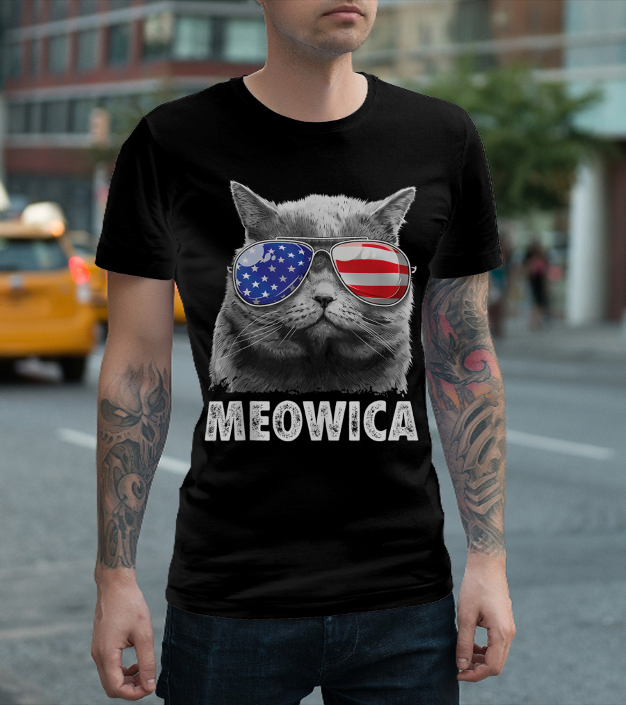 Meowica 4th of July Cat Sunglasses USA Amer Merica Men T-Shirt