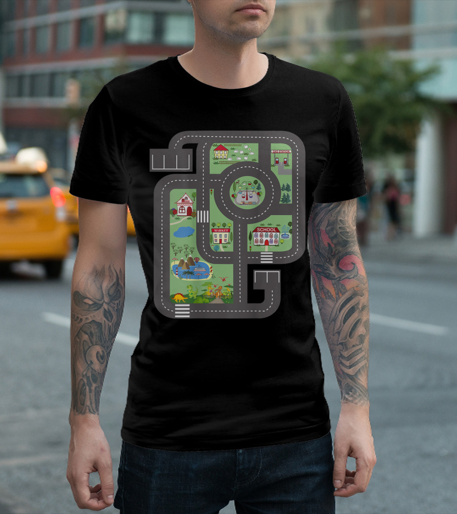 Cool Play Mat Race Car Track On Dad With Dinosaurs School Farm Playground T-Shirt