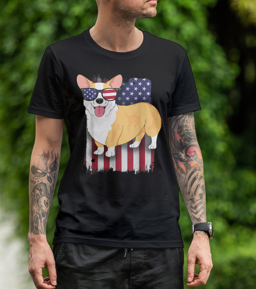 Corgi With Sunglasses American Flag Background T-Shirt