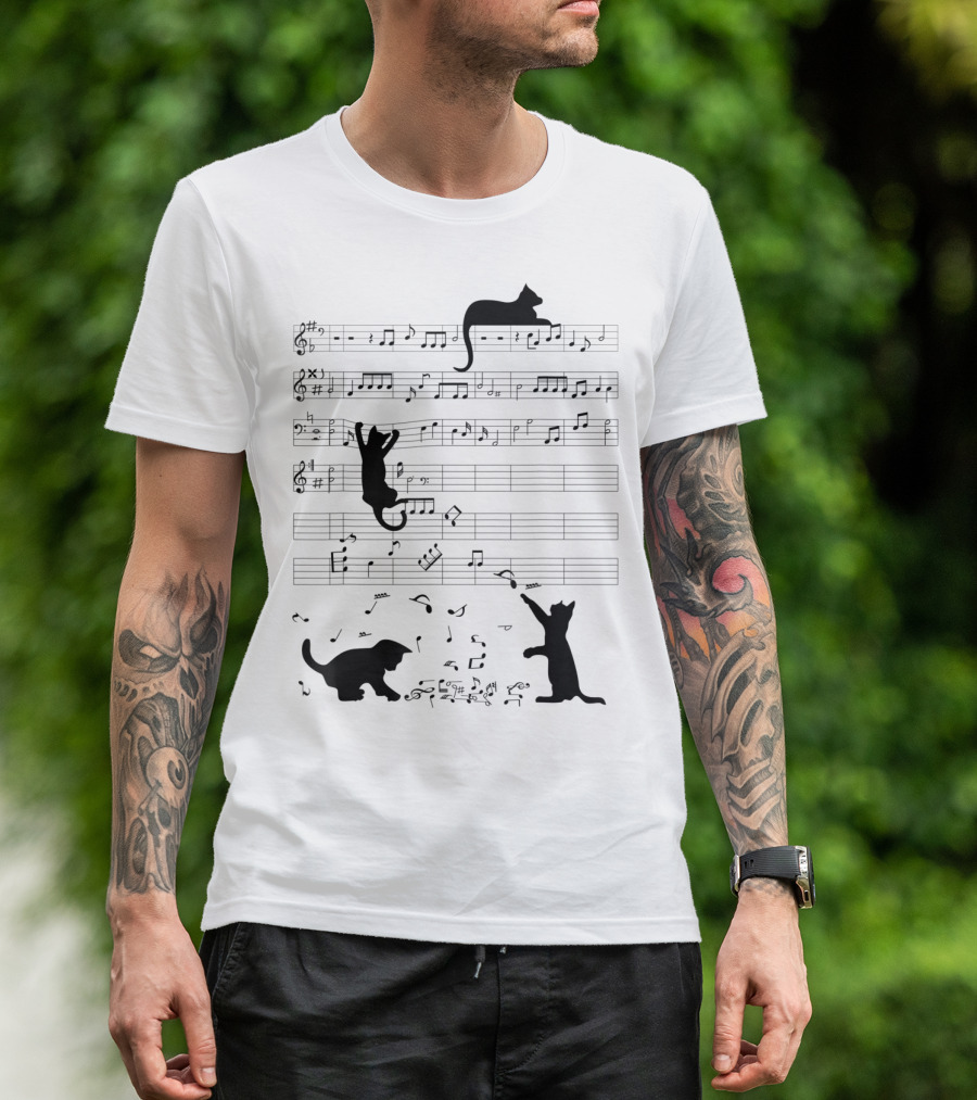 Cute Cat Kitty Climbing And Sitting With Music Notes And Clef T-Shirt