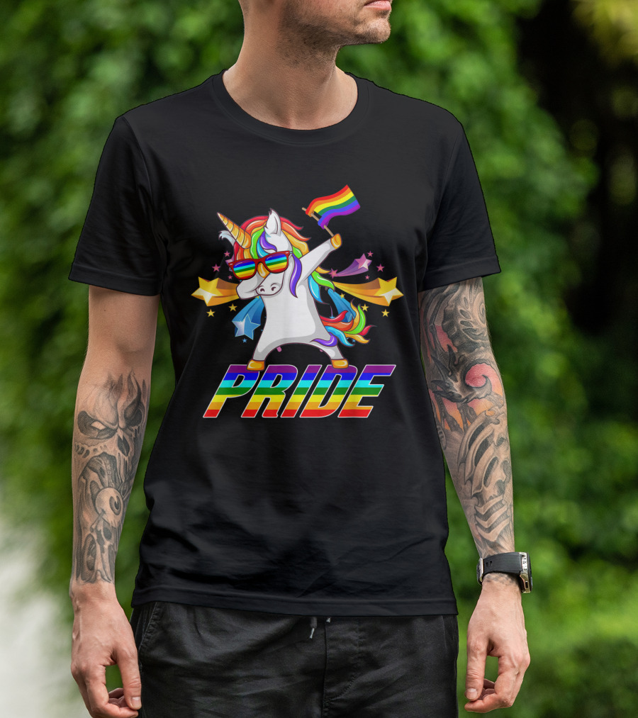 Dabbing Unicorn Rainbow Pride With Stars And Flag T-Shirt