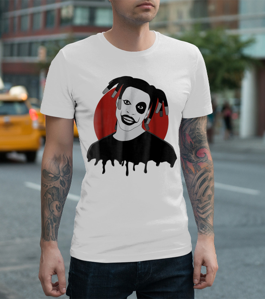 Denzel Curry Smiling Monochrome Portrait with Dreadlocks and Red Circle Background T-Shirt