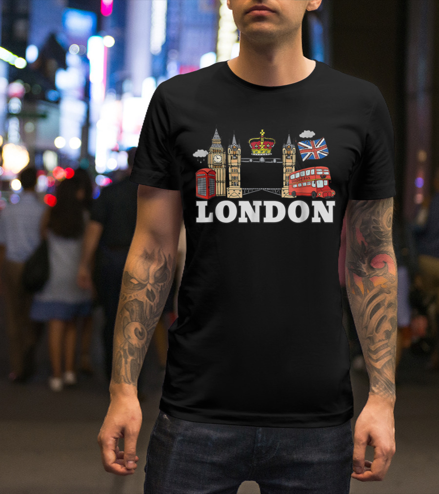 Big Ben Tower Bridge Crown London Bus Phone Box Union Jack Cloud T-Shirt