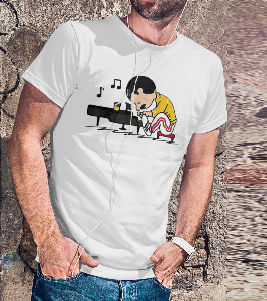 Freddie Peanuts Character Playing Piano With Yellow Jacket And Red Striped Pants T-Shirt