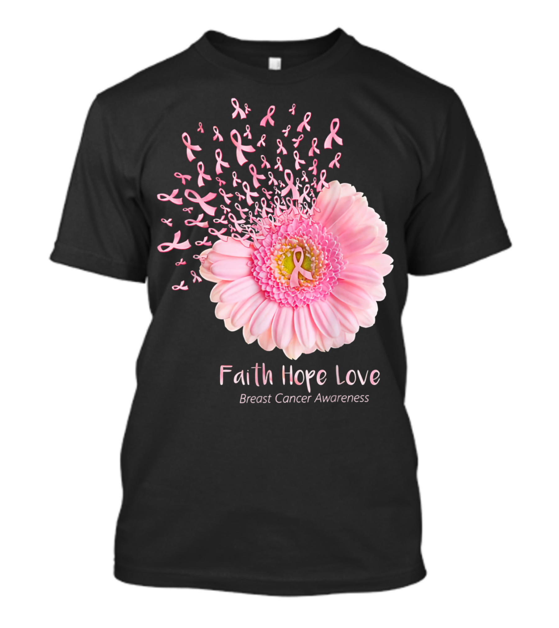 Faith Hope Love Breast Cancer Awareness Pink Ribbon Flower Explosion T-Shirt