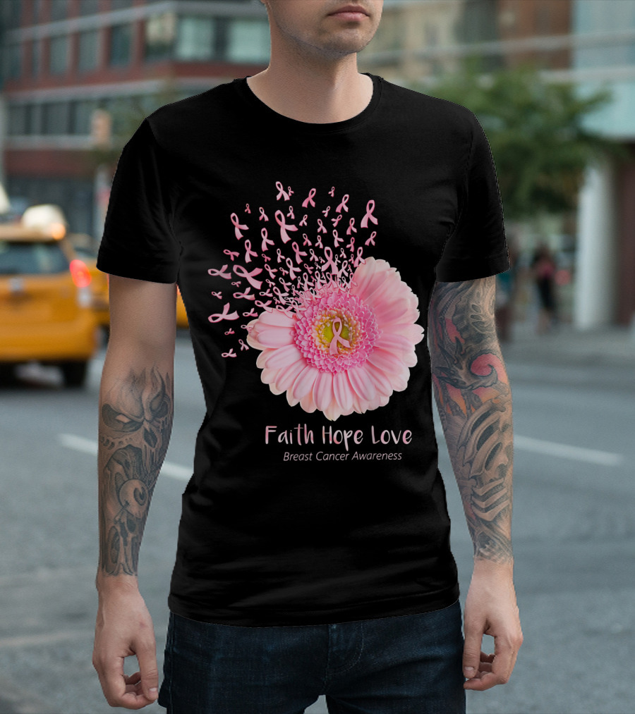 Faith Hope Love Breast Cancer Awareness Pink Ribbon Flower Explosion T-Shirt
