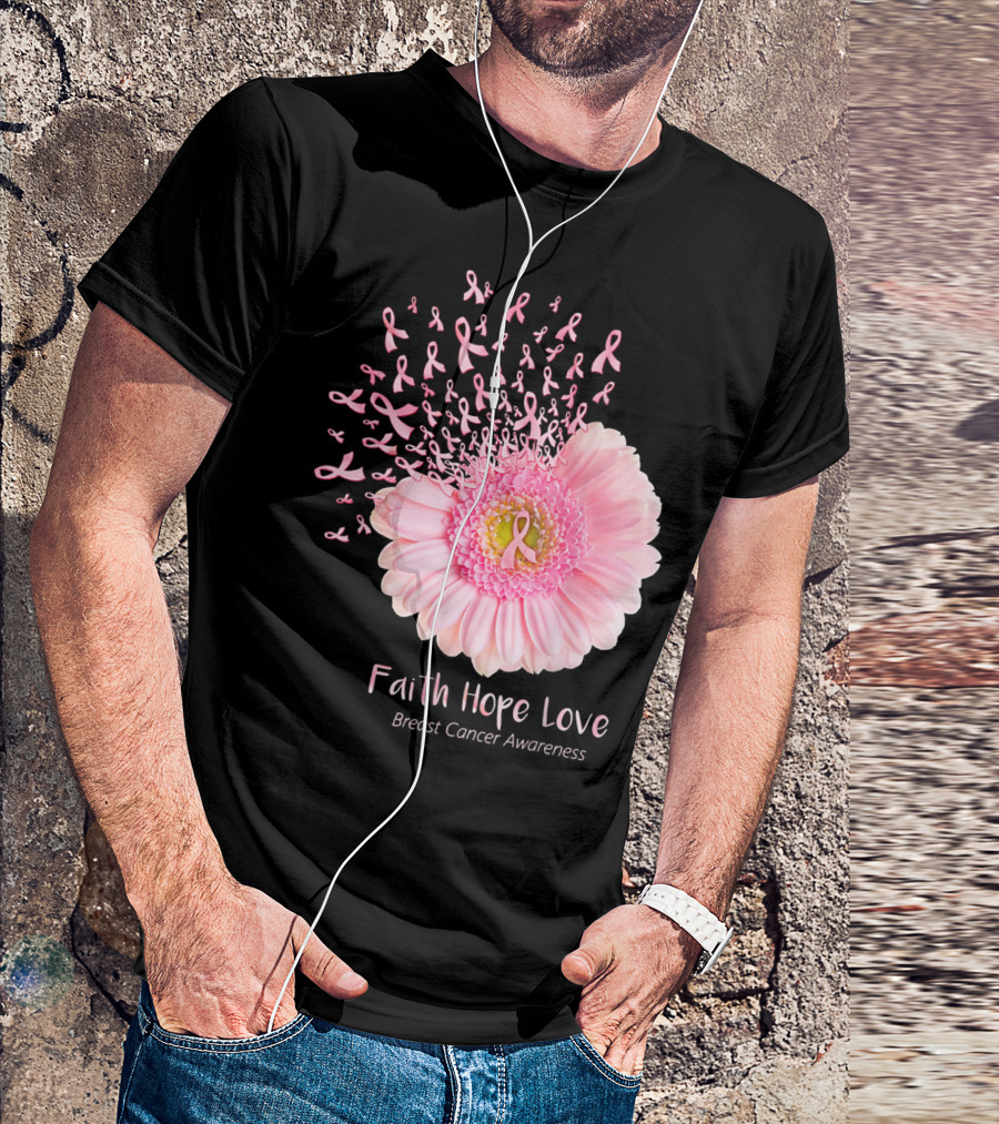 Faith Hope Love Breast Cancer Awareness Pink Ribbon Flower Explosion T-Shirt
