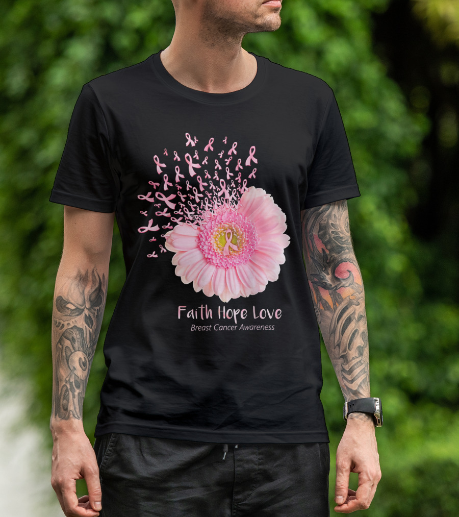 Faith Hope Love Breast Cancer Awareness Pink Ribbon Flower Explosion T-Shirt