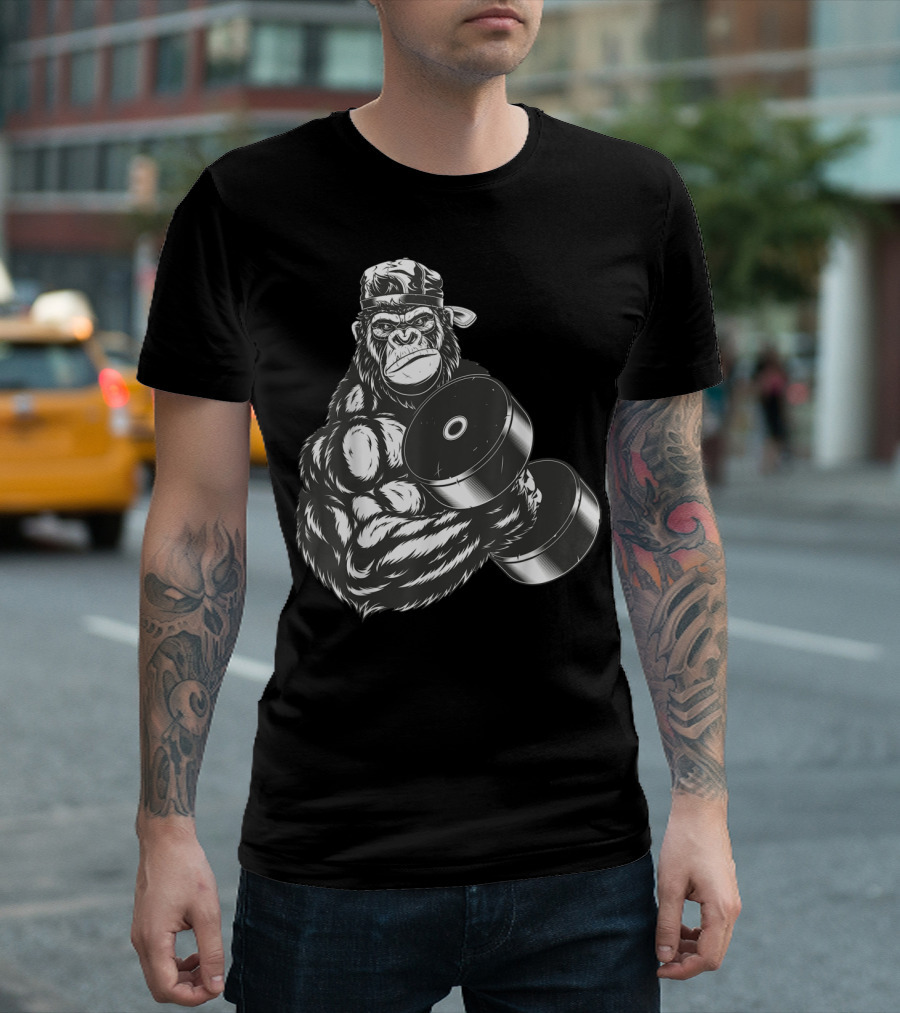 Ferocious Gorilla Bodybuilder Lifting Large Dumbbell in Cap T-Shirt