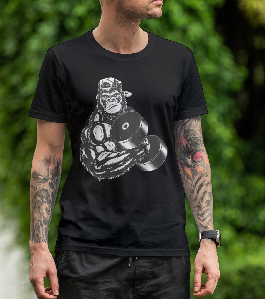 Ferocious Gorilla Bodybuilder Lifting Large Dumbbell In Cap T-Shirt