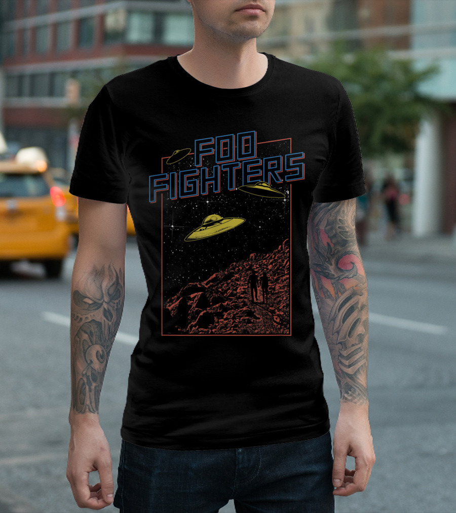 Foo Fighters UFO and Space Scene with Astronauts and Starry Sky T-Shirt