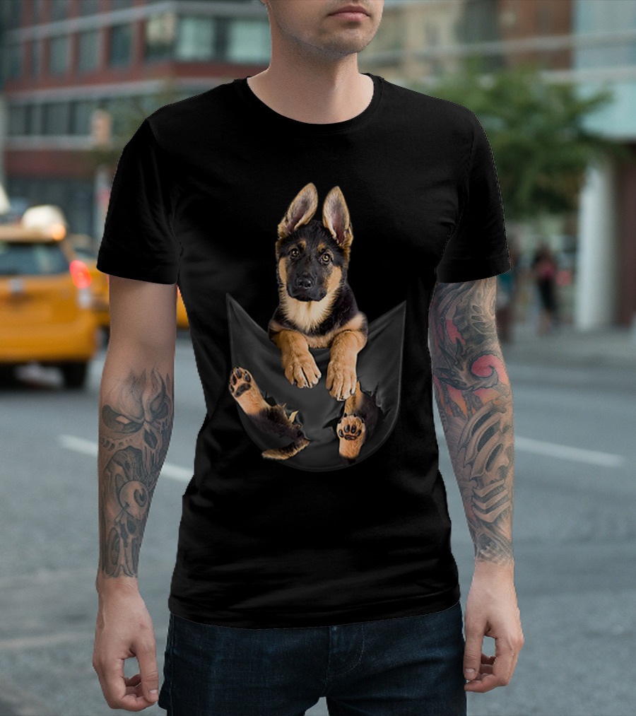 German Shepherd Puppy Paws Tearing Through Black Pocket T-Shirt